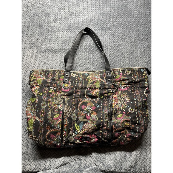 SAKROOTS Artist Circle Large Tote Satchel‎ Bag Purse Canvas Floral Owls Charms - Picture 1 of 13